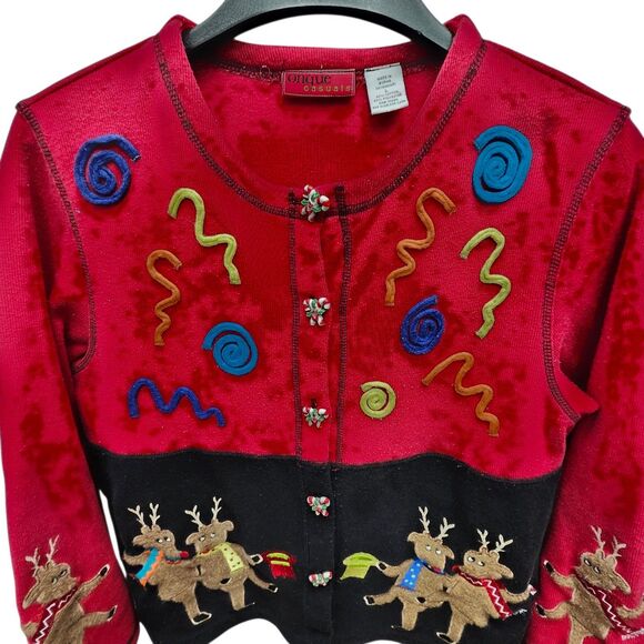 Onque Casuals Christmas Sweater Cardigan Womens Large Reindeer Candy Cane Button - Picture 4 of 11